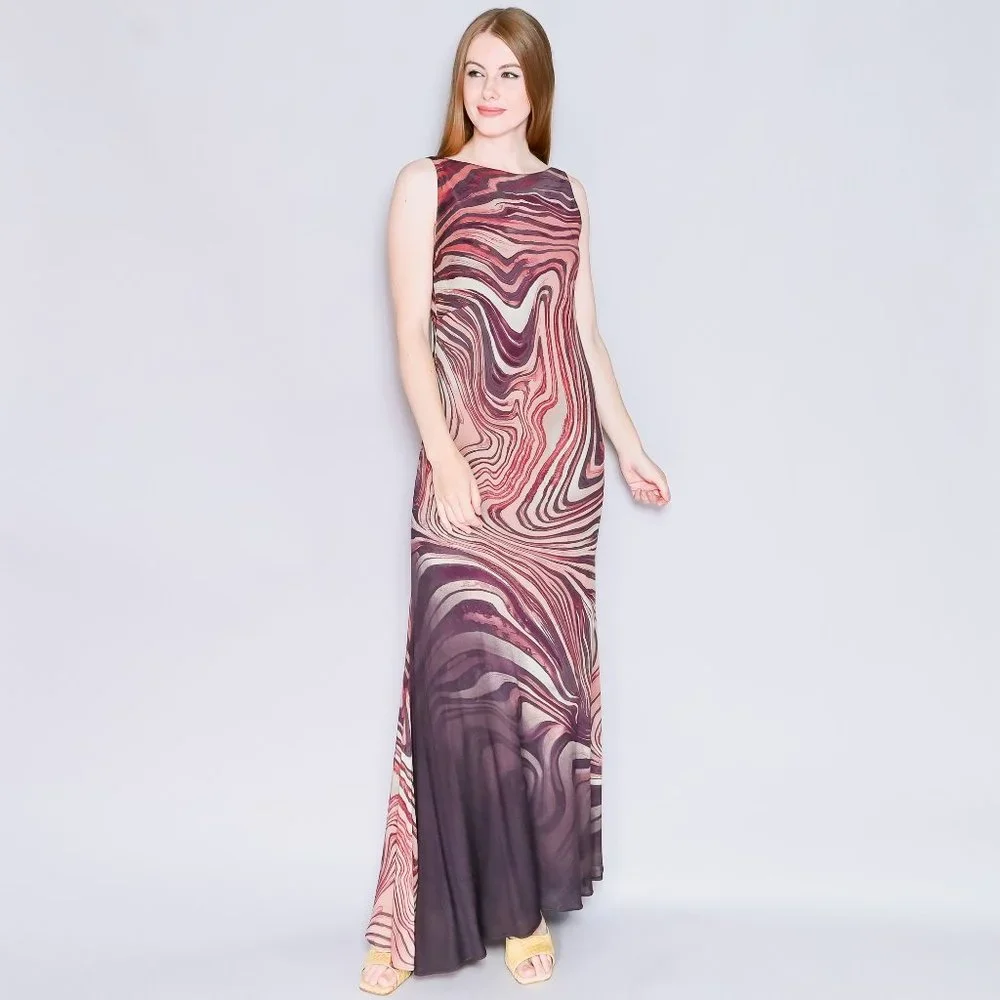 VINTAGE Unique 90s Swirly Stripes Geode Sleeveless Maxi Dress - Picture 1 of 8